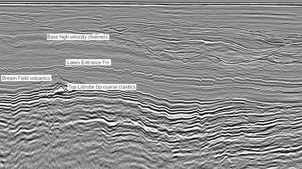 This seismic example highlights the Bream Field which is overlain and sealed by extrusive volcanics.