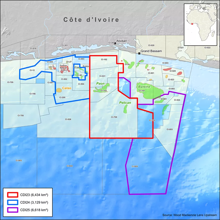 Viridien map of the Côte d'Ivoire, Tano Basin Survey