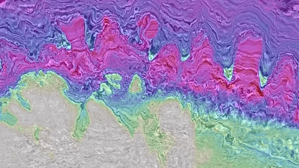 Time-lag FWI velocity model depth slice through paleo canyons
