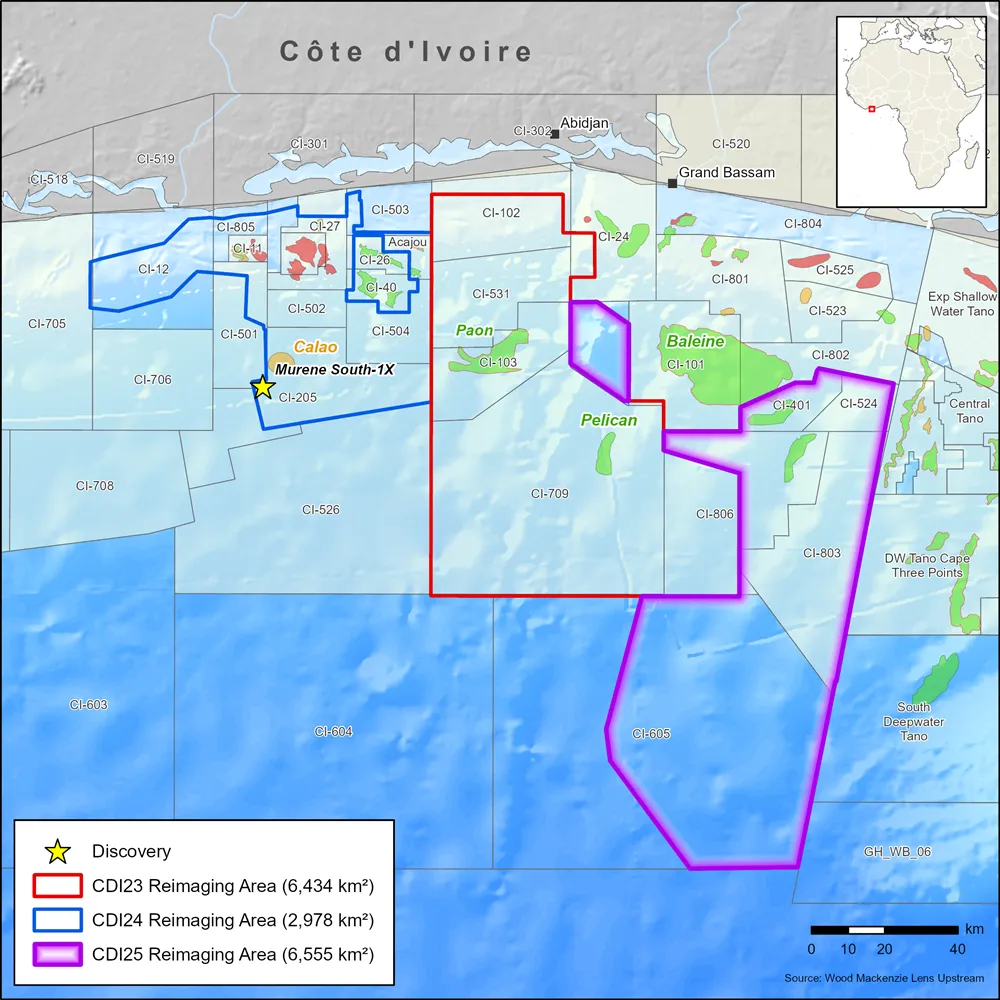 Viridien map of the Côte d'Ivoire, Tano Basin Survey