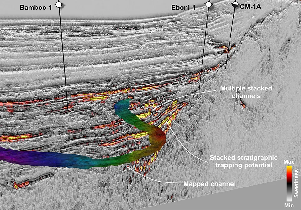 Viridien image of seismic section emonstrating deeper potential within stacked channel systems in Cameroon
