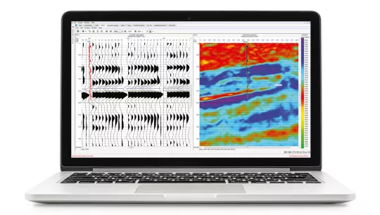 Computer monitor with HampsonRussell Strata data example